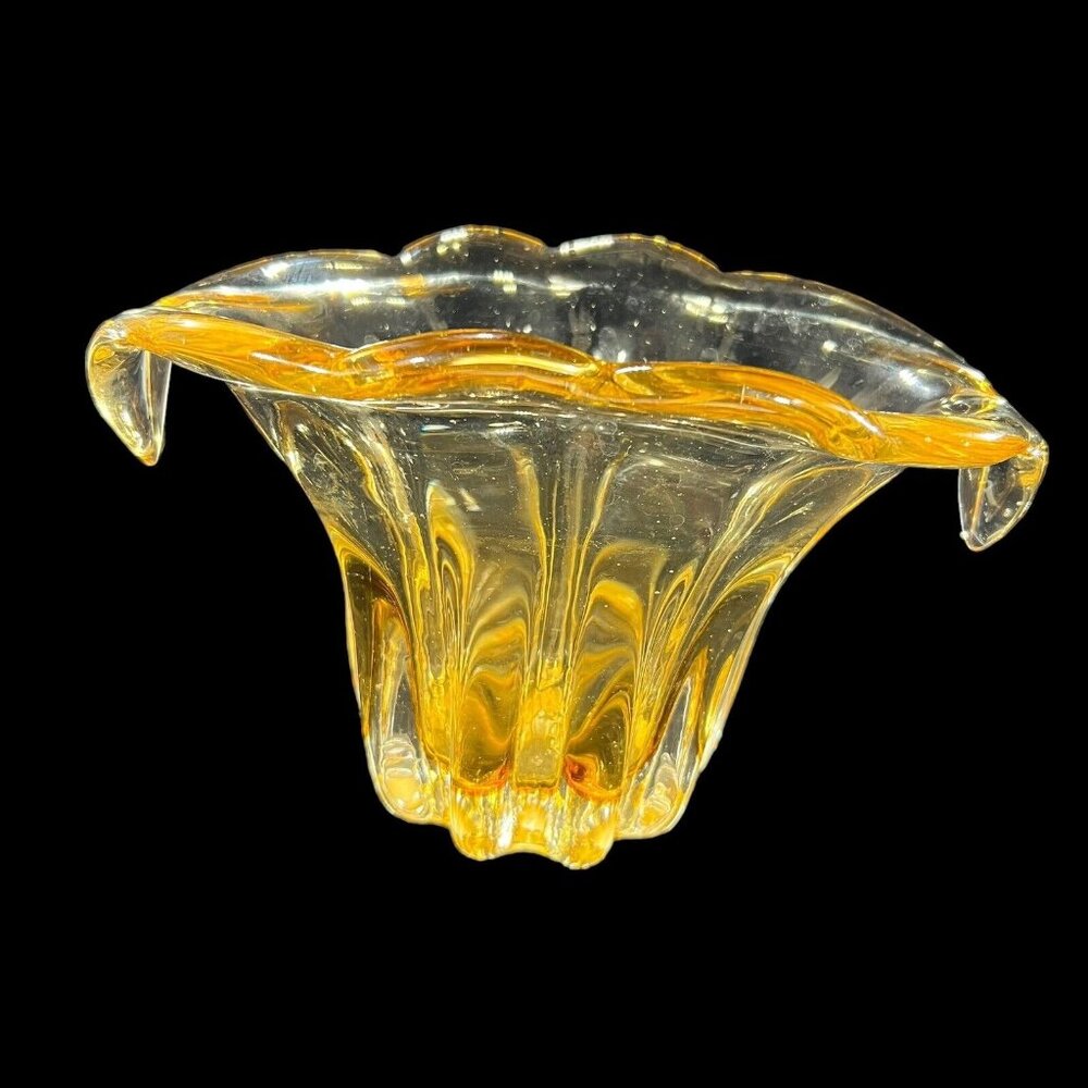 Vtg Hand Blown Waterfall Vase Art Glass Pale Yellow Gold Thick Heavy Teleflora
